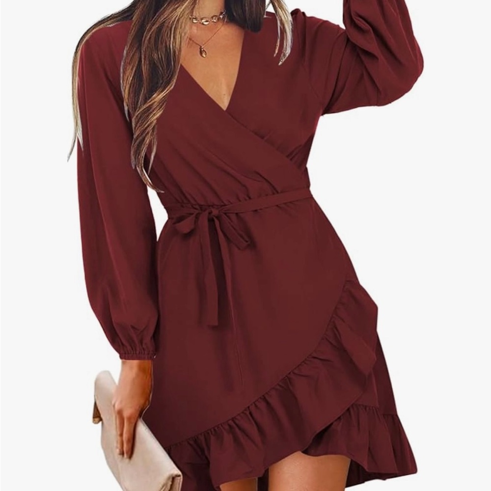 Red Ruffled Wrap Dress with Bishop Sleeves